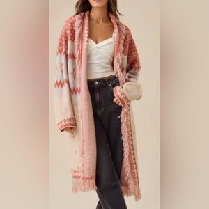 Altar'd State Fringed Knit Cardigan - Pink and Tan
